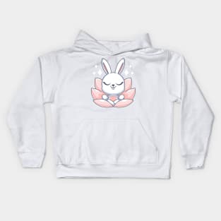 Cute bunny meditating on a lotus flower Kids Hoodie